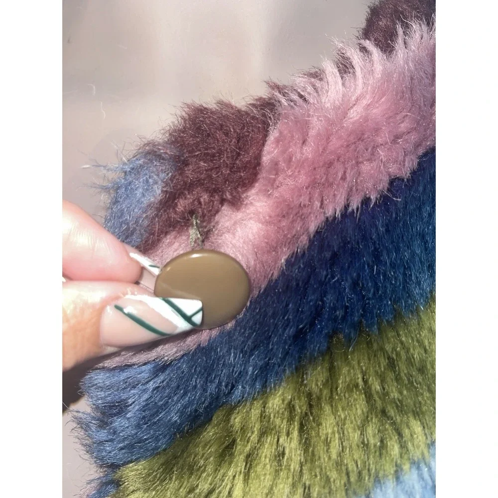Anthropologie Hutch Chevron‎ Faux Fur Coat Size Small Rainbow Green Blue Pink